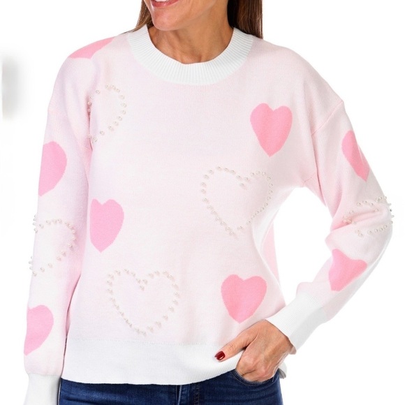 Nanette Lepore Sweaters - Nanette Lepore Women’s Pink Heart Pearl Beaded Sweater Size Small